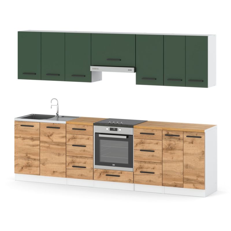 Zestaw Kuchenny Hurtownia-Mebli Z Blatem Kuchnia Roma 280cm Biały Mat Butelkowa Zieleń/Dąb Wotan 280x47x145 cm 1szt.