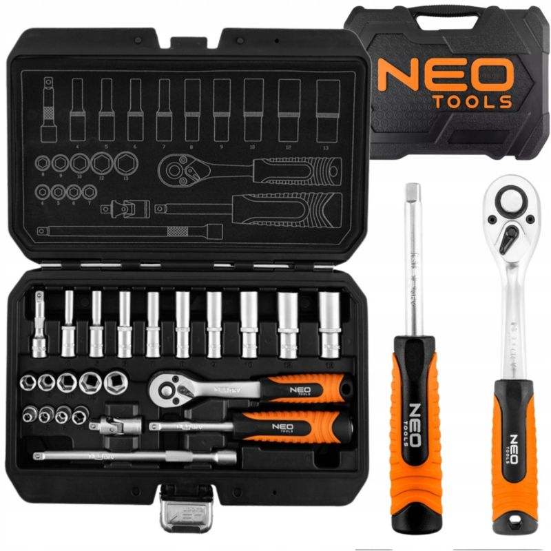 Zestaw kluczy Nasadowych NEO TOOLS grzechotka 1/4" mała długie nasadki 23 szt 1 kpl