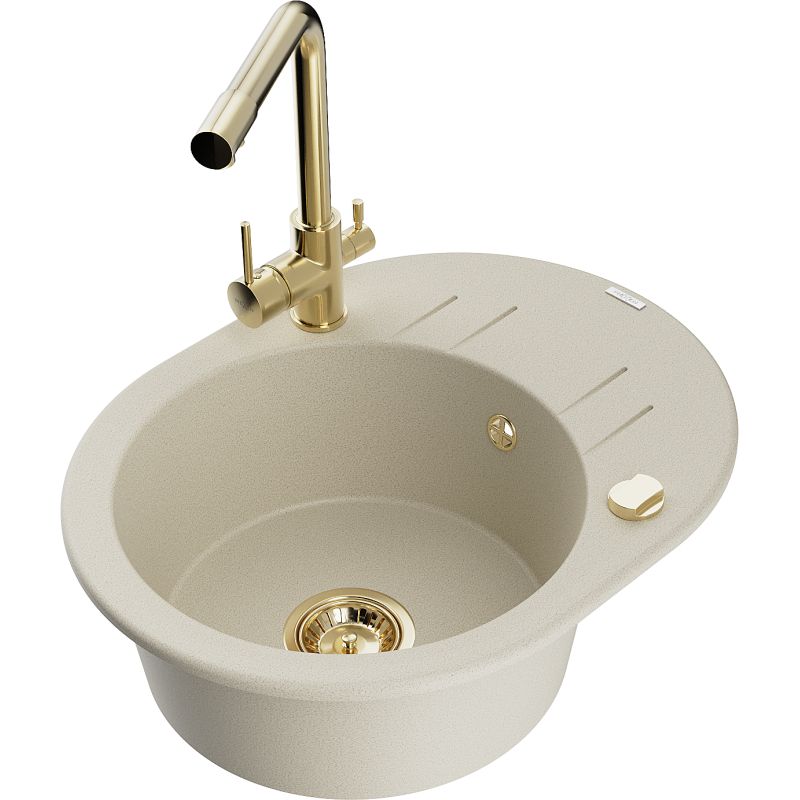 Zlewozmywak granitowy 1-komorowy Mexen Kevin z ociekaczem i baterią kuchenną Duero beżowy 6517-69-671600-50