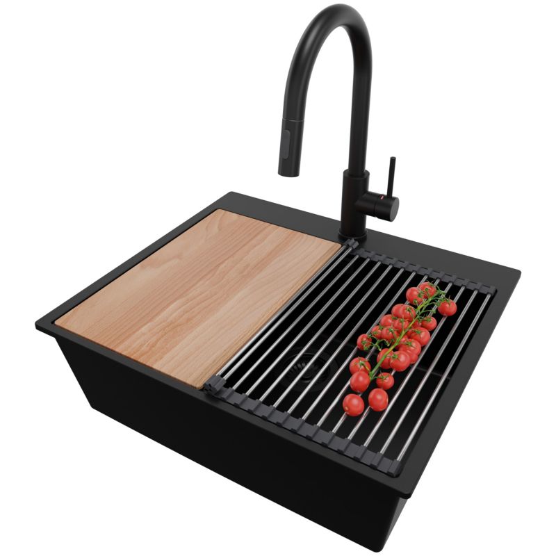 Zlewozmywak Granitowy Oslo PRIMAGRAN Nablatowy 58x50cm do szafki od 60cm z Syfonem i Baterią i Dodatkiem Cały Czarny 1 szt.