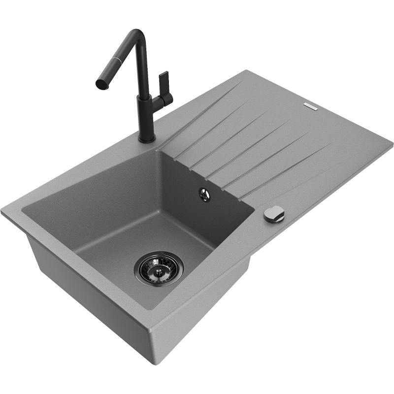 Zlewozmywak granitowy 1-komorowy Mexen Cesar z ociekaczem i baterią kuchenną Flora szary - 6514-71-670401-06 1 szt.