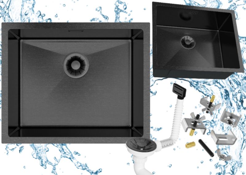 Zlewozmywak stalowy Jednokomorowy Granitan Silvo54 Podblatowy Kuchenny z syfonem Czarny LUX 1kpl.