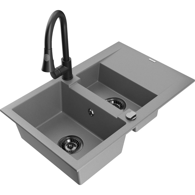 Zlewozmywak granitowy 1.5-komorowy Mexen Gaspar z ociekaczem i baterią kuchenną Elia szary 6507-71-670101-70-B