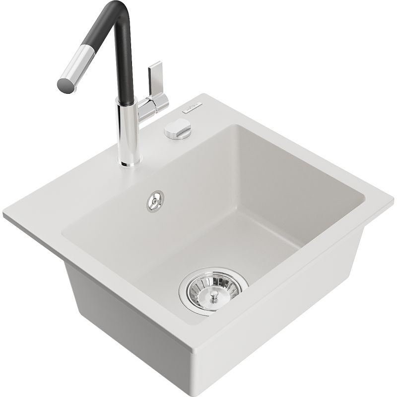 Zlewozmywak granitowy 1-komorowy Mexen Milo z baterią kuchenną Flora biały 6505-20-670401-07