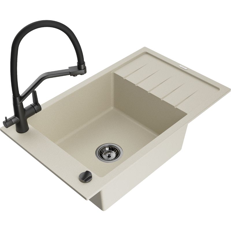 Zlewozmywak granitowy 1-komorowy Mexen Elias z ociekaczem i baterią kuchenną Duo beżowy - 6511-69-671701-07-B 1 szt.