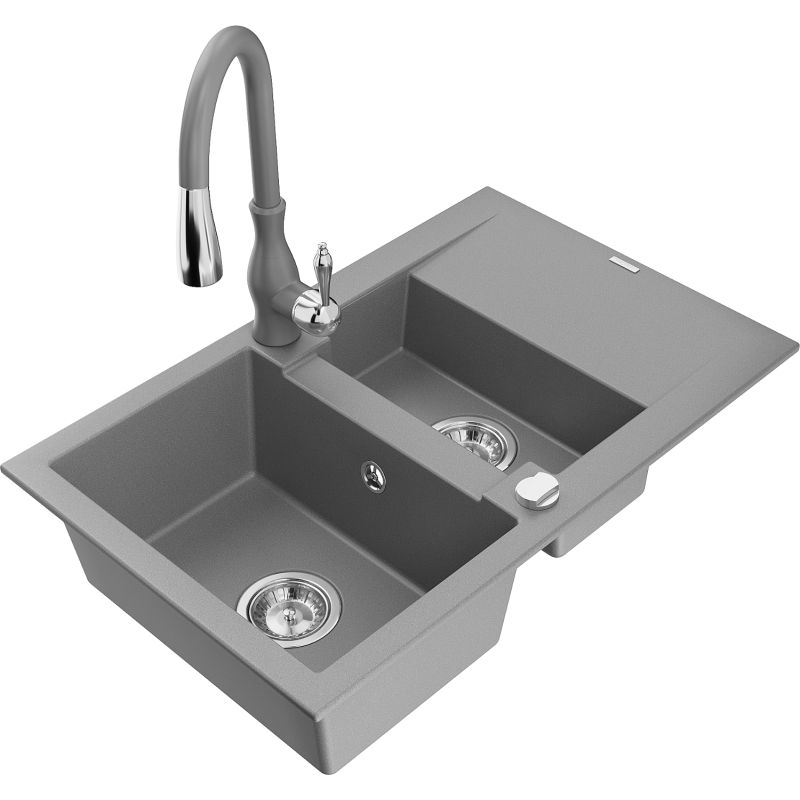 Zlewozmywak granitowy 1.5-komorowy Mexen Gaspar z ociekaczem i baterią kuchenną Telma czarny - 6507-77-670200-70 1 szt.