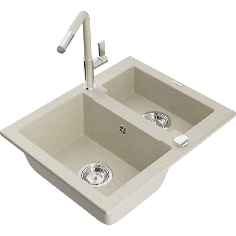 Zlewozmywak granitowy 1.5-komorowy Mexen Carlos z baterią kuchenną Flora beżowy 6518-69-670401-09