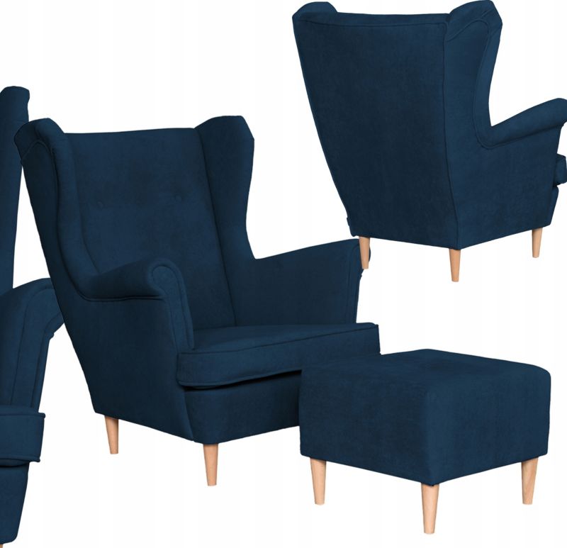 Fotel uszak do salonu z podnóżkiem Family Meble Hunter granatowy 1szt