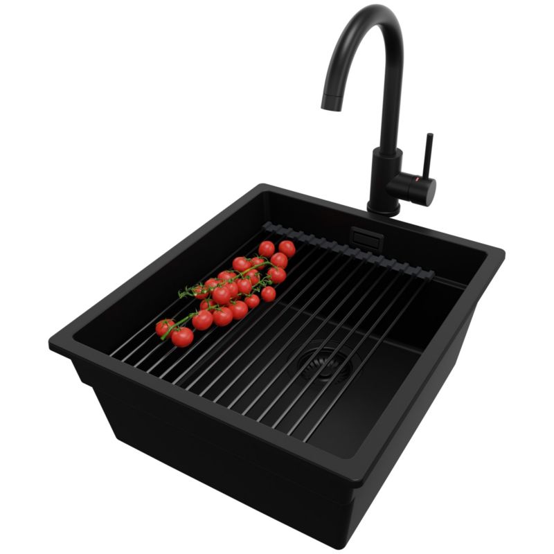 Zlewozmywak Granitowy Praga Slim PRIMAGRAN Nablatowy 41x47cm, Cały Czarny + Bateria + Syfon + Akcesorium, S138, 1 szt.