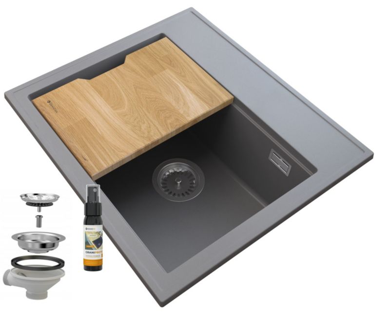 Zlewozmywak Granitowy Kuchenny Granitan Foxal Szary z Syfonem i Deską 1kpl.