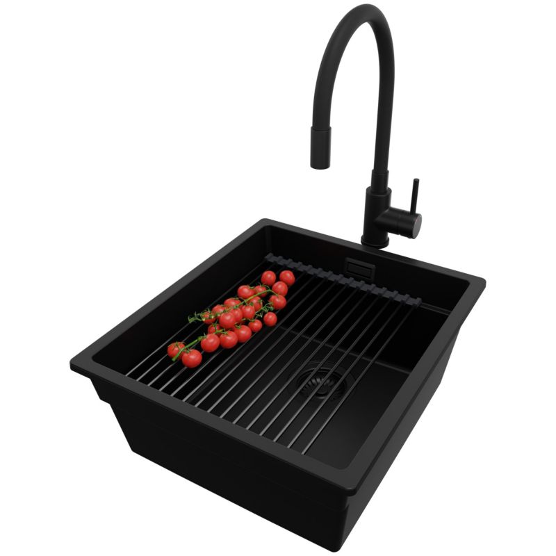 Zlewozmywak Granitowy Praga Slim PRIMAGRAN Nablatowy 41x47cm, Cały Czarny + Bateria + Syfon + Akcesorium, S140, 1 szt.