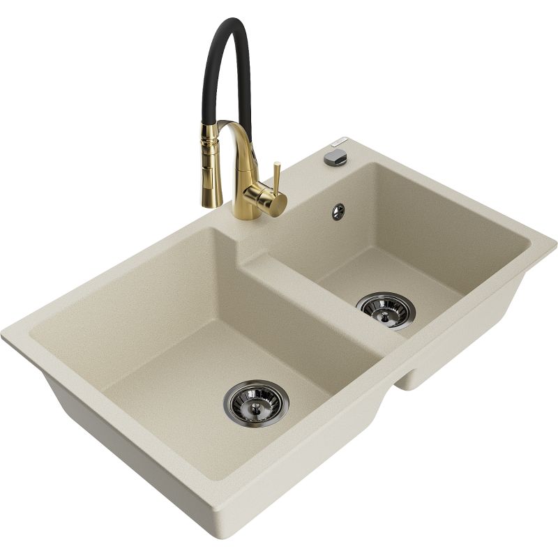 Zlewozmywak granitowy 2-komorowy Mexen Tomas z baterią kuchenną Aster beżowy 6516-69-73450-57-B