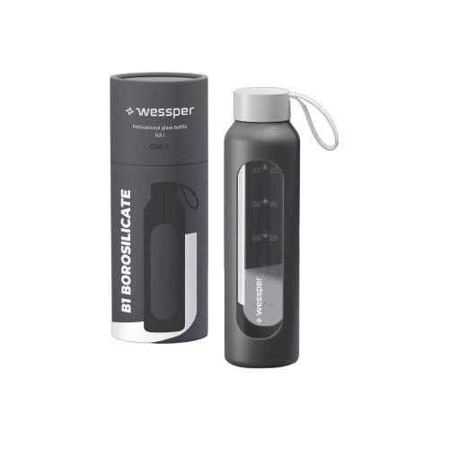 Butelka na wodę, Wessper, motywacyjna, z miarką, szklana, szkło borokrzemowe, 500ml + etui szare, 1szt