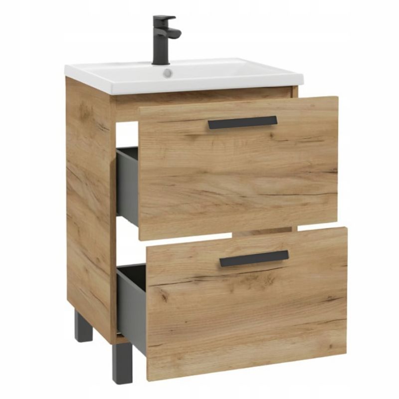 Szafka Łazienkowa Stamar z Umywalką 600 x 470 mm Dąb Craft Złoty Stojąca+Bateria Sztorc 1 szt