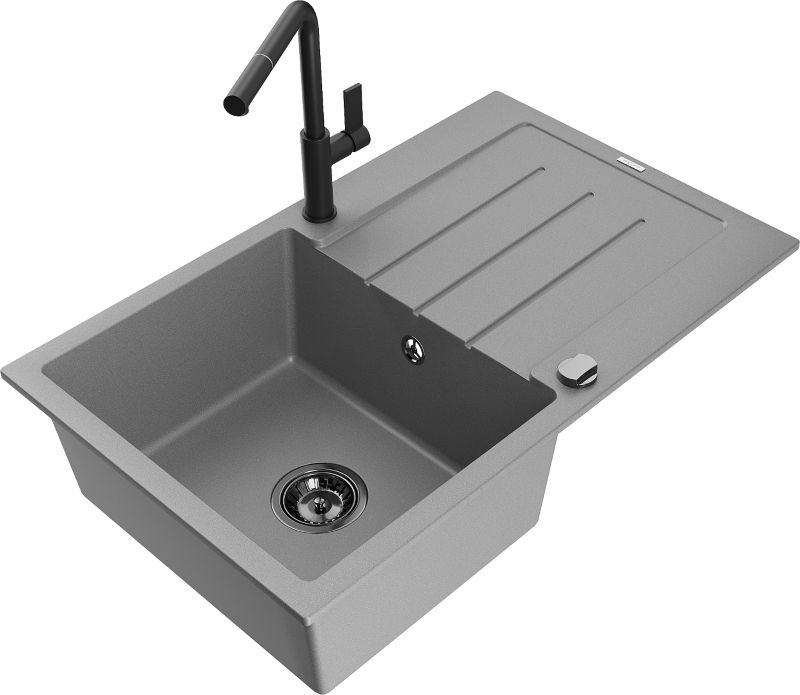Zlewozmywak granitowy Mexen Bruno 1-komorowy z ociekaczem i baterią kuchenną Rita czarny/srebrny - 6513-73-670300-50 1 szt.