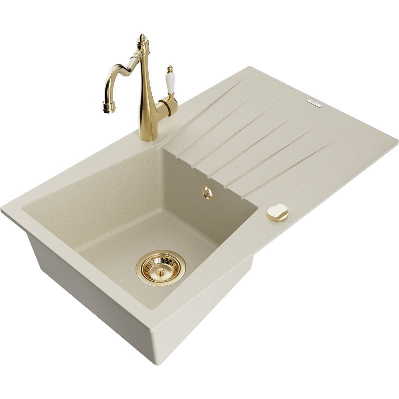 Zlewozmywak granitowy 1-komorowy Mexen Cesar z ociekaczem i baterią kuchenną Carla beżowy 6514-69-670700-50