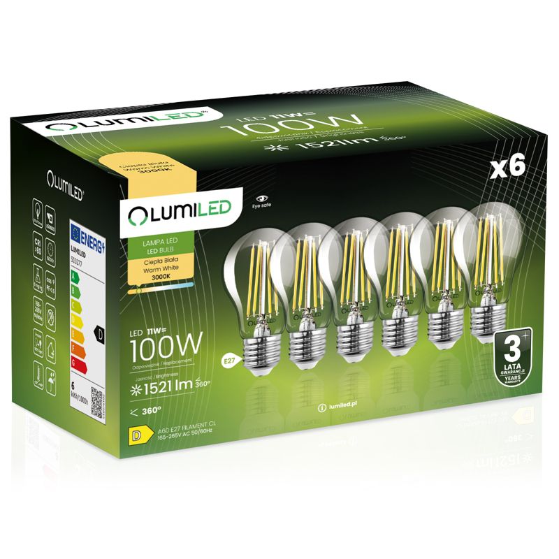 Żarówka LED Lumiled E27 A60 11W 1521lm 3000K 360st Filament 6 szt.