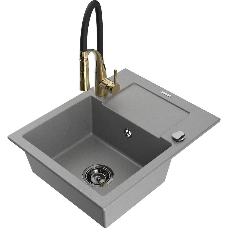 Zlewozmywak granitowy 1-komorowy Mexen Enzo z ociekaczem i baterią kuchenną Aster szary 6506-71-73450-57-B