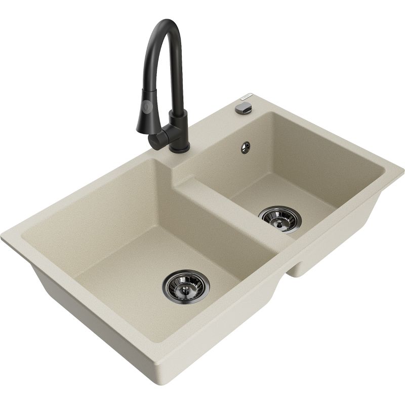 Zlewozmywak granitowy 2-komorowy Mexen Tomas z baterią kuchenną Elia czarny - 6516-77-670101-70-B 1 szt.