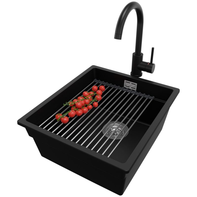 Zlewozmywak Granitowy Praga Slim PRIMAGRAN Nablatowy 41x47cm, Czarny + Bateria + Syfon + Akcesorium, S128, 1 szt.