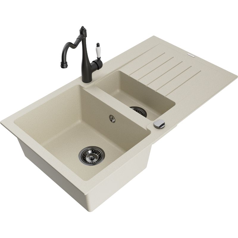 Zlewozmywak granitowy 1.5-komorowy Mexen Matias z ociekaczem i baterią kuchenną Carla biały - 6502-20-670700-70 1 szt.