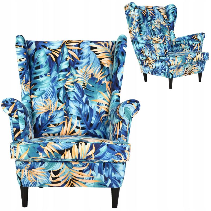 Fotel uszak do salonu Family Meble Ari Print liście niebieskie 1szt