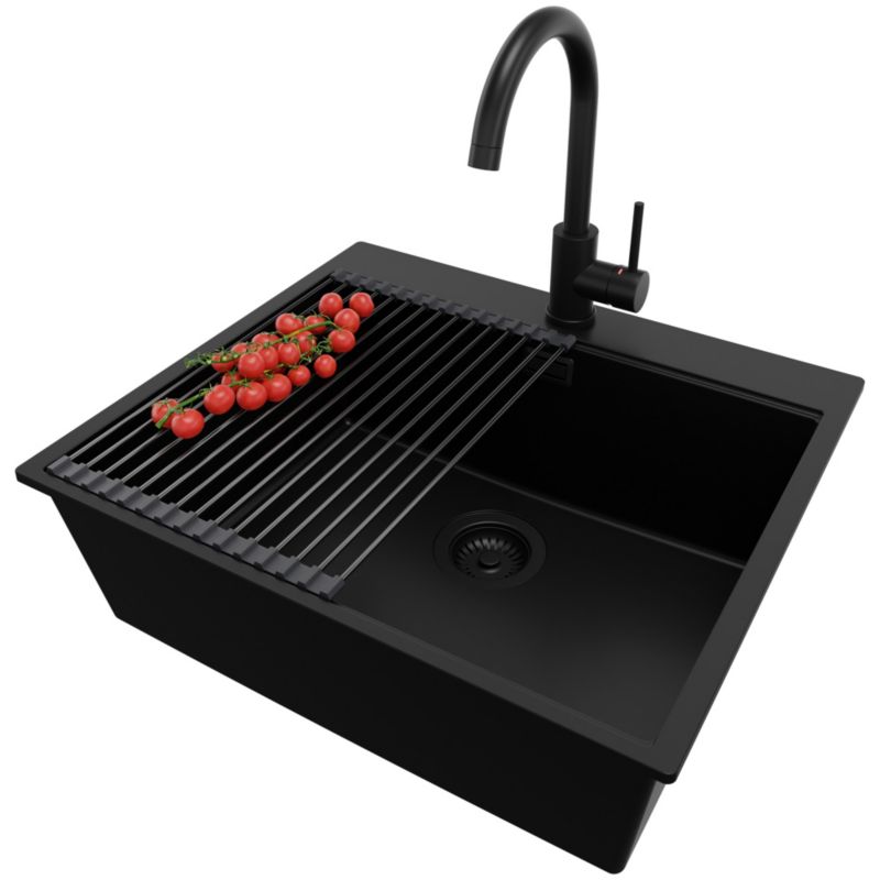 Zlewozmywak Granitowy Oslo PRIMAGRAN Nablatowy 58x50cm do szafki od 60cm z Syfonem i Baterią i Dodatkiem Cały Czarny 1 szt.