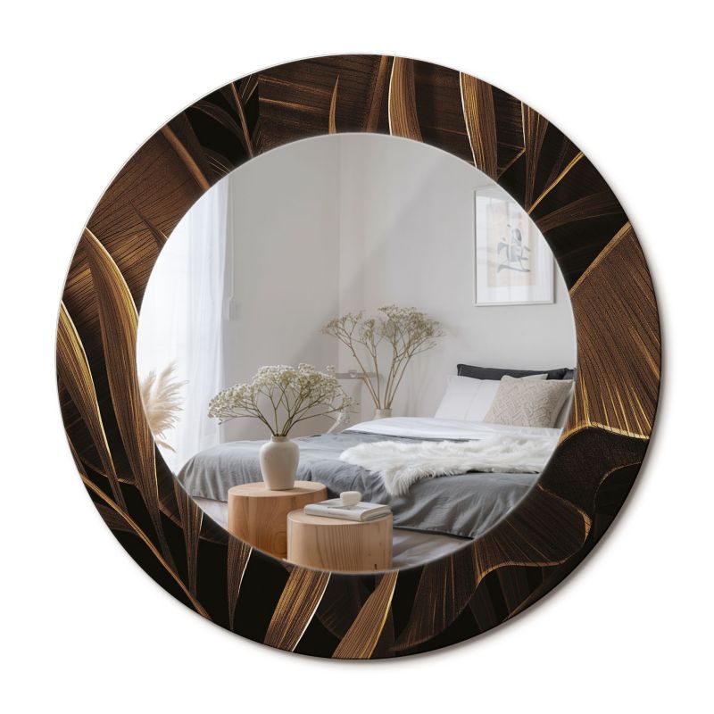 Lustro Dekoracyjne Okrągłe ArtPrintCave 50 cm Brązowe Liście Bananowca w Szklanej Ramie z Nadrukiem do Garderoby 1 szt.