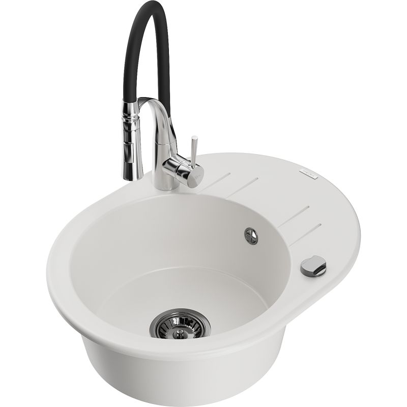 Zlewozmywak granitowy 1-komorowy Mexen Kevin z ociekaczem i baterią kuchenną Aster biały 6517-20-73450-07-B