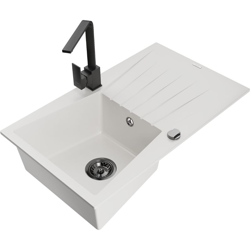 Zlewozmywak granitowy 1-komorowy Mexen Cesar z ociekaczem i baterią kuchenną Rita biały - 6514-20-670300-50 1 szt.