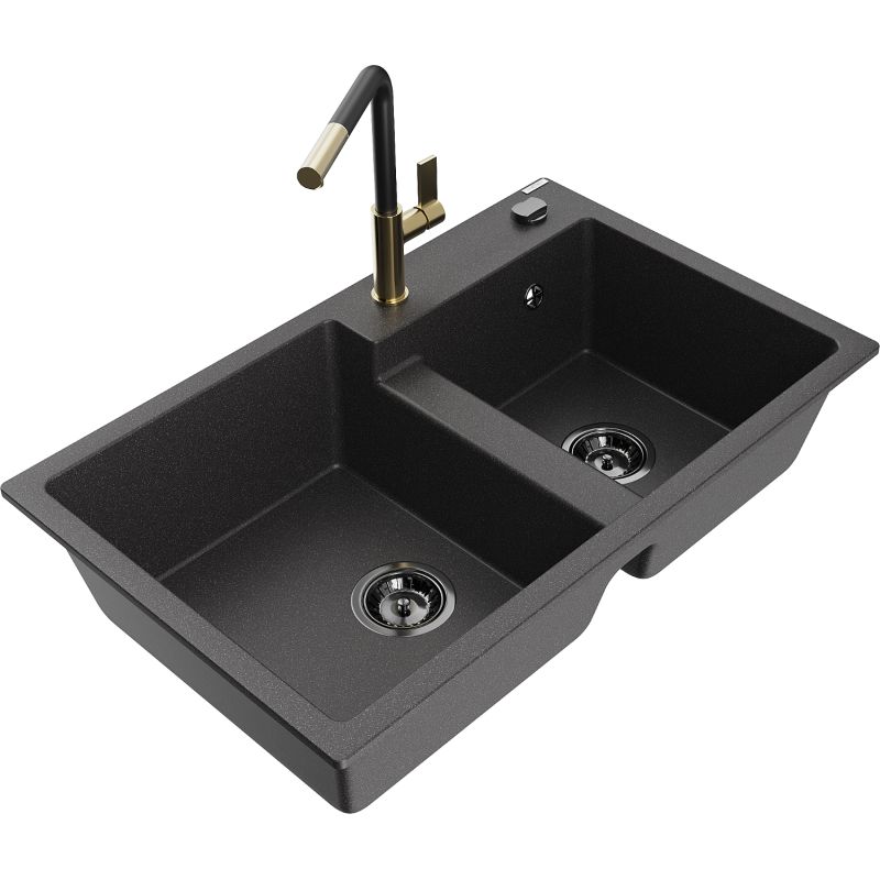 Zlewozmywak granitowy 2-komorowy Mexen Tomas z baterią kuchenną Flora czarny nakrapiany 6516-76-670401-57-B
