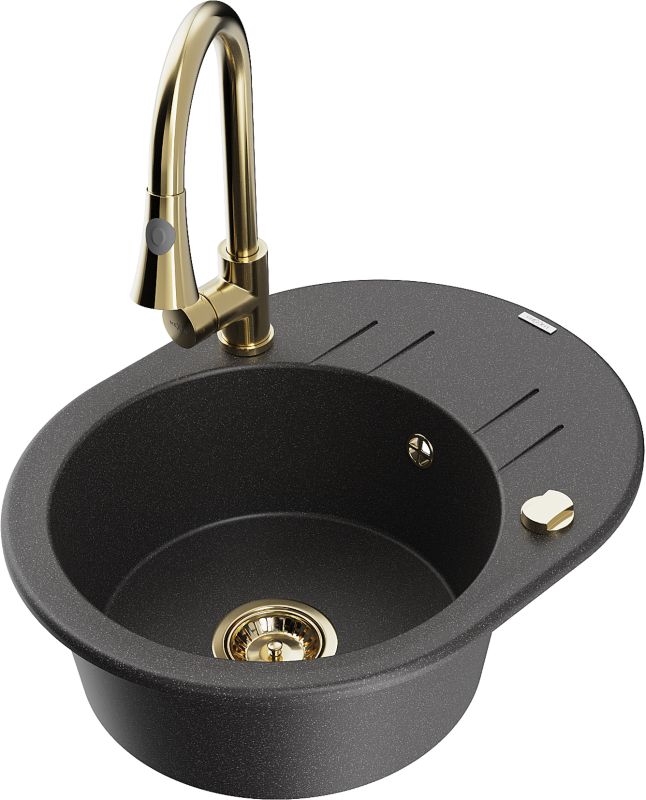 Zlewozmywak granitowy Mexen Kevin 1-komorowy z ociekaczem i baterią kuchenną Elia czarny 6517-76-670101-50