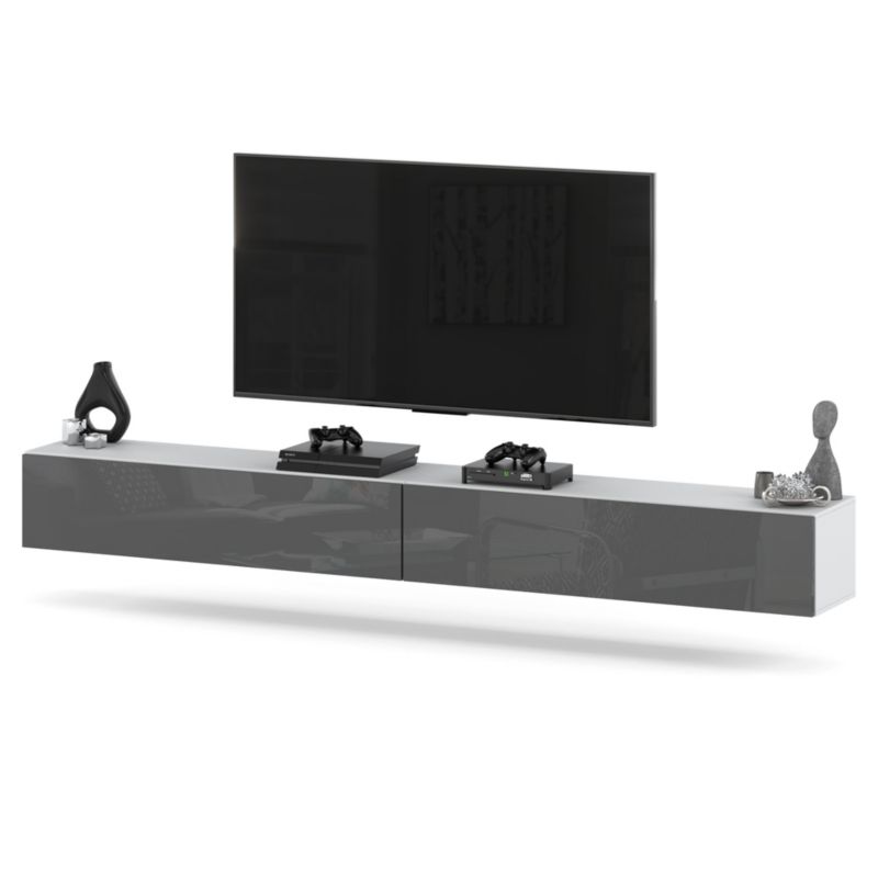 Komoda RTV Hurtownia-Mebli 2 Drzwi RTV Hugo 280cm Biały Mat Szary Połysk 280x35x40 cm 1szt.