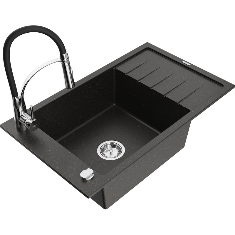 Zlewozmywak granitowy 1-komorowy Mexen Elias z ociekaczem i baterią kuchenną Aster czarny/złoty metalik 6511-75-73450-70