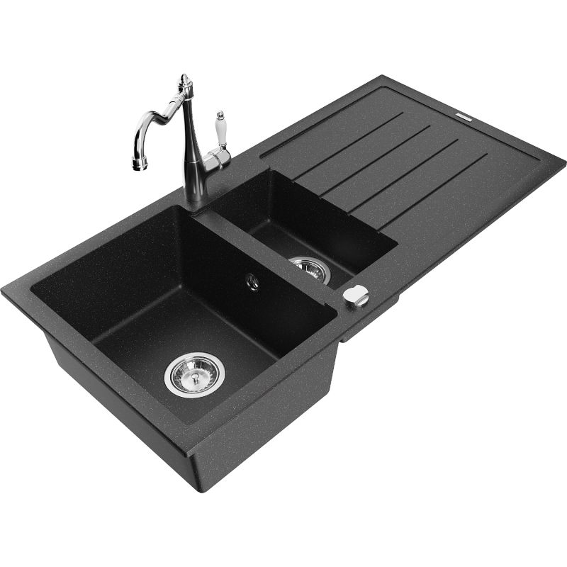 Zlewozmywak granitowy 1.5-komorowy Mexen Andres z ociekaczem i baterią kuchenną Carla czarny/srebrny 6515-73-670700-00