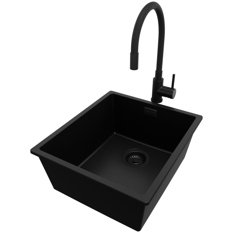 Zlewozmywak Granitowy Londyn Slim PRIMAGRAN Nablatowy 41x47cm do szafki od 45cm, Cały Czarny + Bateria + Syfon, S144, 1 szt.