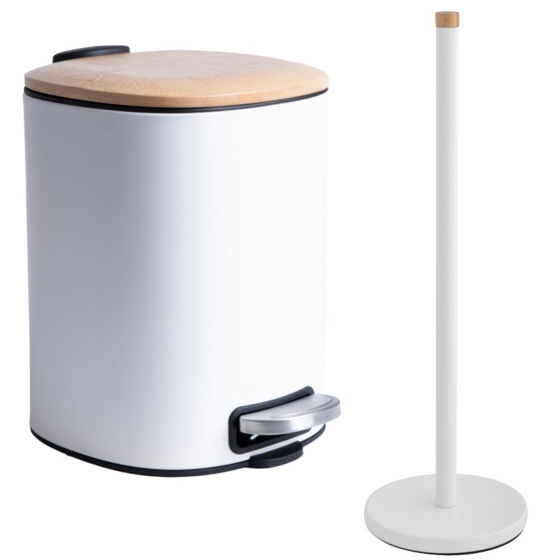 Zestaw do WC - Yoka Home Kosz na śmieci 5L i stojak na papier toaletowy Biały Bambus - 1 szt.