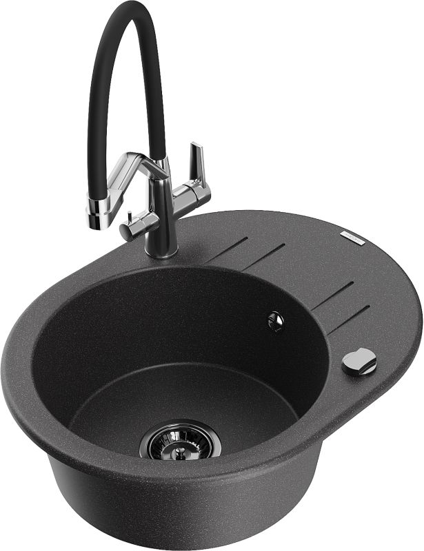 Zlewozmywak granitowy Mexen Kevin 1-komorowy z baterią kuchenną Duo czarny 6517-76-671701-07-B