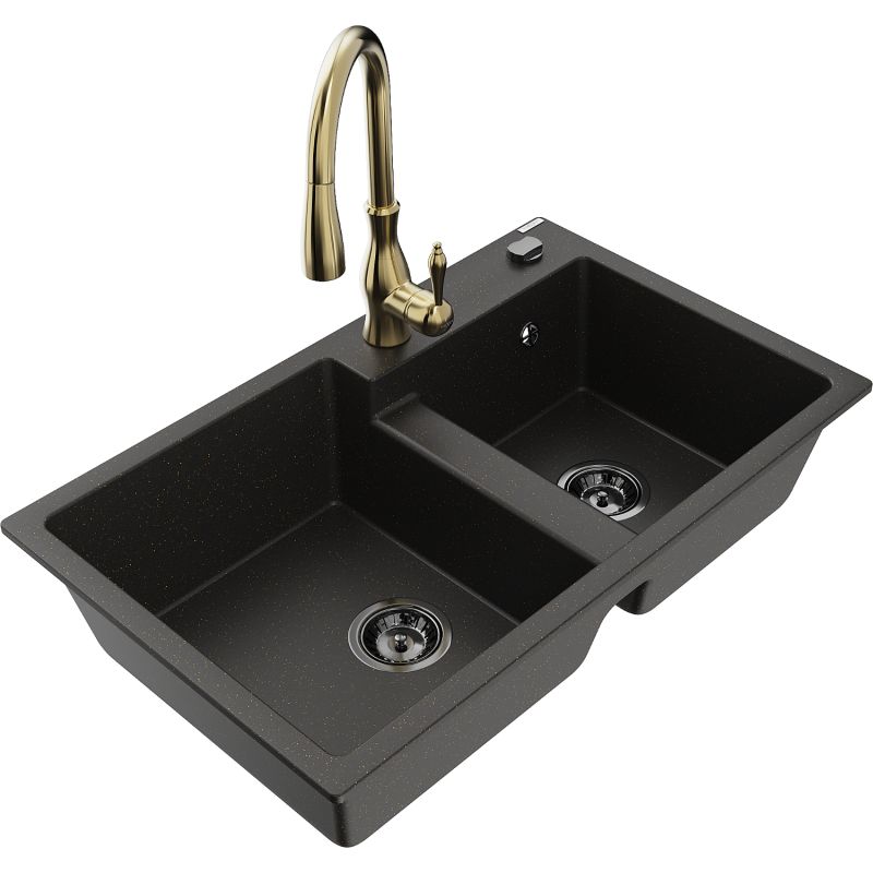 Zlewozmywak granitowy 2-komorowy Mexen Tomas z baterią kuchenną Savita czarny/złoty metalik 6516-75-672601-50-B