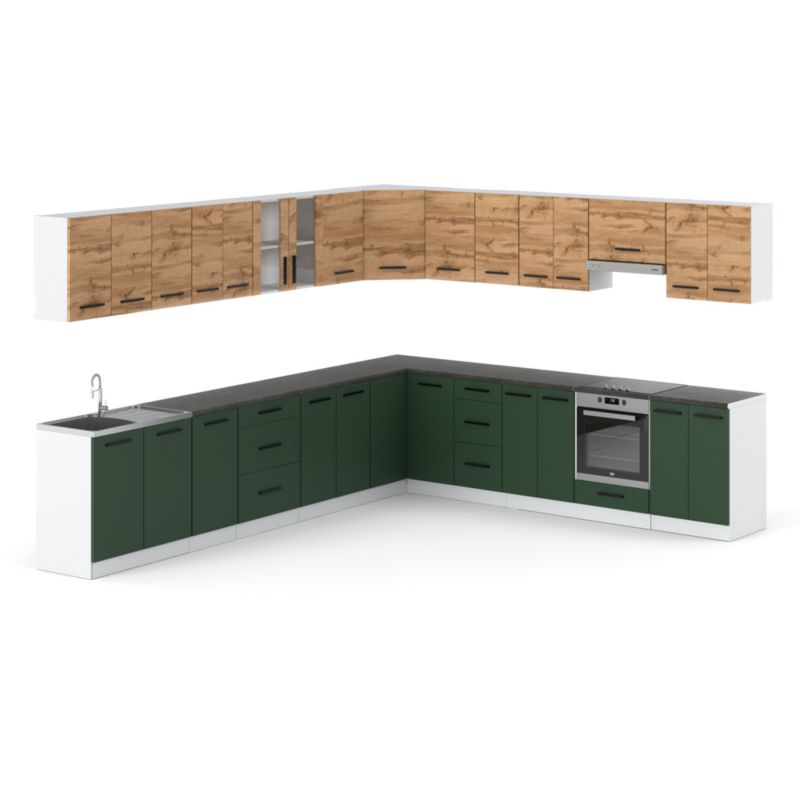 Zestaw Kuchenny Hurtownia-Mebli Z Blatem Kuchnia narożna Rossa 680cm Biały Mat Dąb Wotan/Butelkowa Zieleń 680x47x145 cm 1szt.