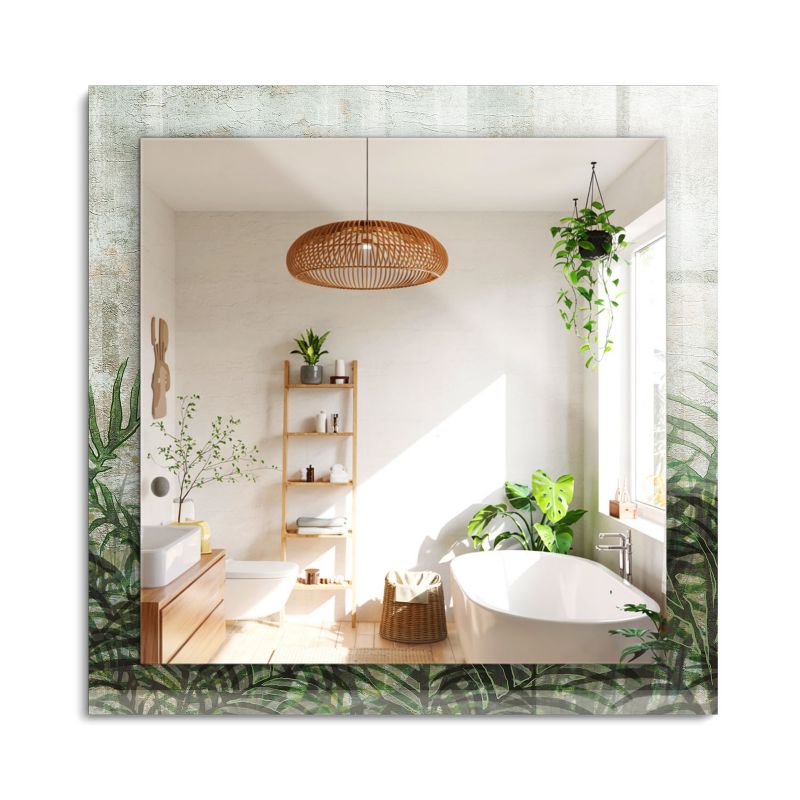 Lustro Kwadratowe z Nadrukiem ArtPrintCave 60x60 cm Zielone liście paproci Ozdobna Rama Szklana z Printem 1 szt.
