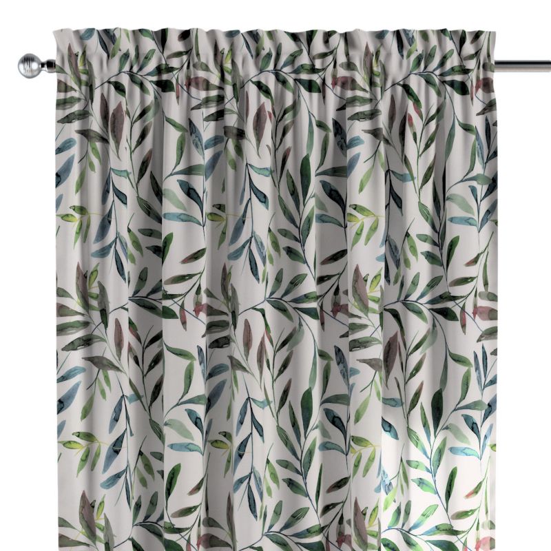 Zasłona na kanale z grzywką 1 szt. 130 x 245 cm Dekoria zielone gałązki na białym tle 1 szt.