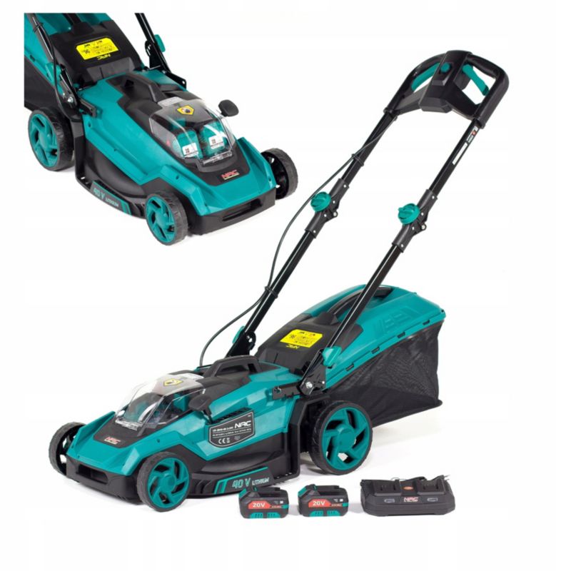 Zestaw kosiarka akumulatorowa NAC 40 cm 2x20V 4Ah akumulatory ładowarka kosz 40 l plastik 3 funkcje 1 kpl.
