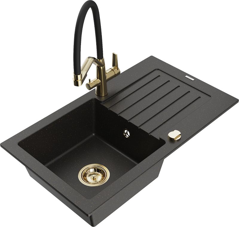 Zlewozmywak granitowy Mexen Pablo 1-komorowy z ociekaczem i baterią kuchenną Duo czarny/złoty 6510-75-671701-57-G