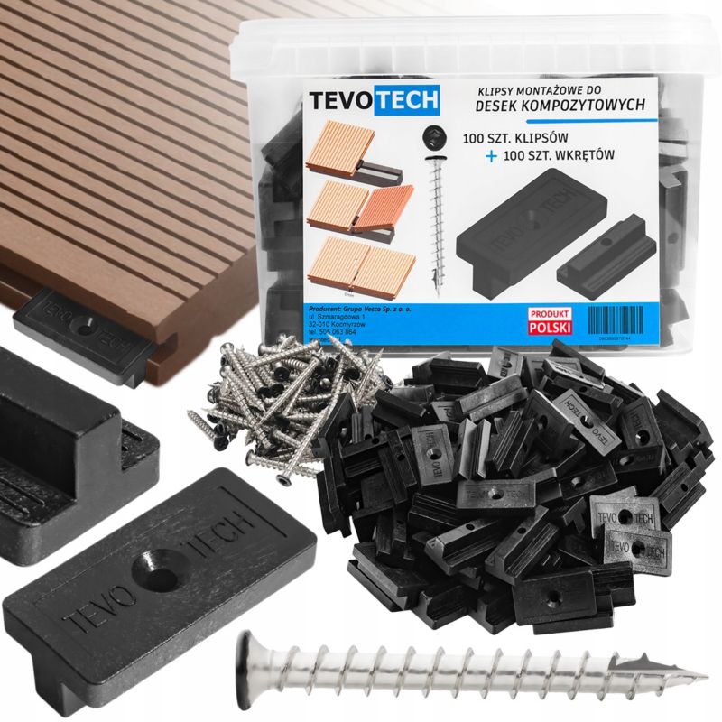Klipsy montażowe + wkręty do desek kompozytowych i drewnianych TEVOTECH 100x100 szt.