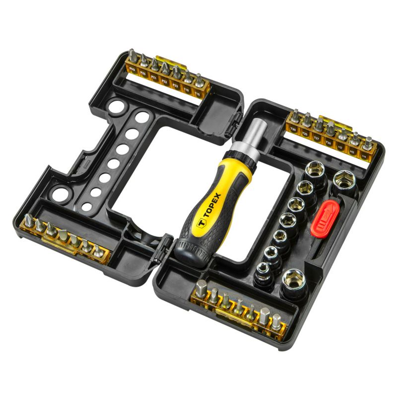 Końcówki wkrętakowe i nasadki z uchwytem TOPEX 38 elementów uporządkowanych w plastikowym opakowaniu 1 kpl.