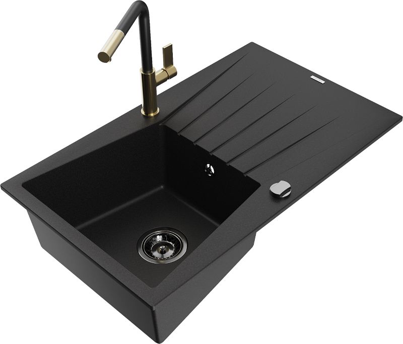 Zlewozmywak granitowy Mexen Cesar 1-komorowy z ociekaczem i baterią kuchenną Flora czarny - 6514-77-670401-07 1 szt.