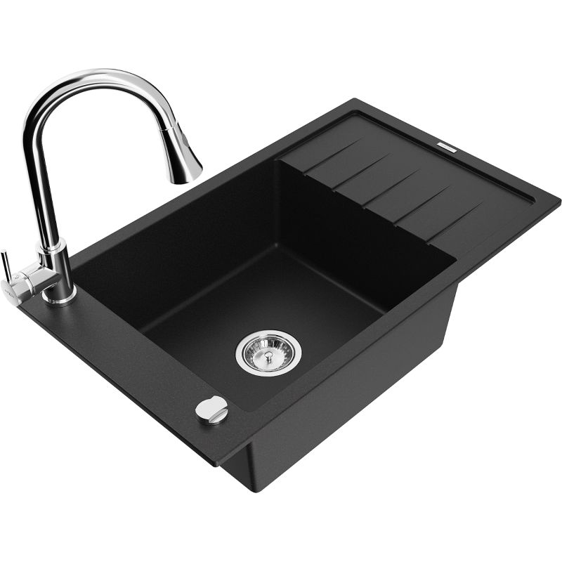 Zlewozmywak granitowy 1-komorowy Mexen Elias z ociekaczem i baterią kuchenną Elia czarny 6511-77-670101-00