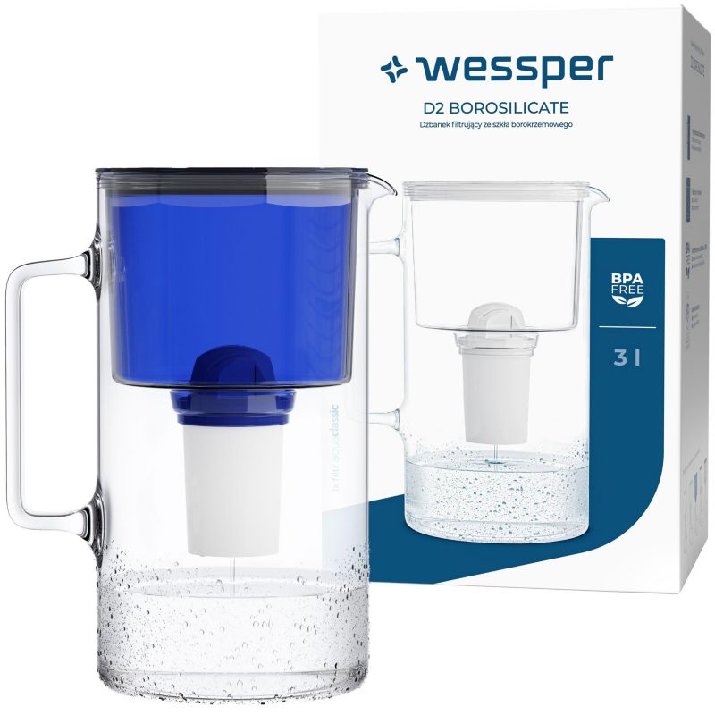 Dzbanek filtrujący wodę 3l, Wessper, szklany, granatowy + 1x Filtr Wessper AquaClassic, 2szt