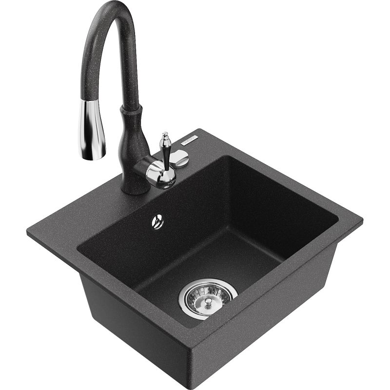 Zlewozmywak granitowy 1-komorowy Mexen Milo z baterią kuchenną Savita czarny/srebrny metalik - 6505-73-672601-00 1 szt.